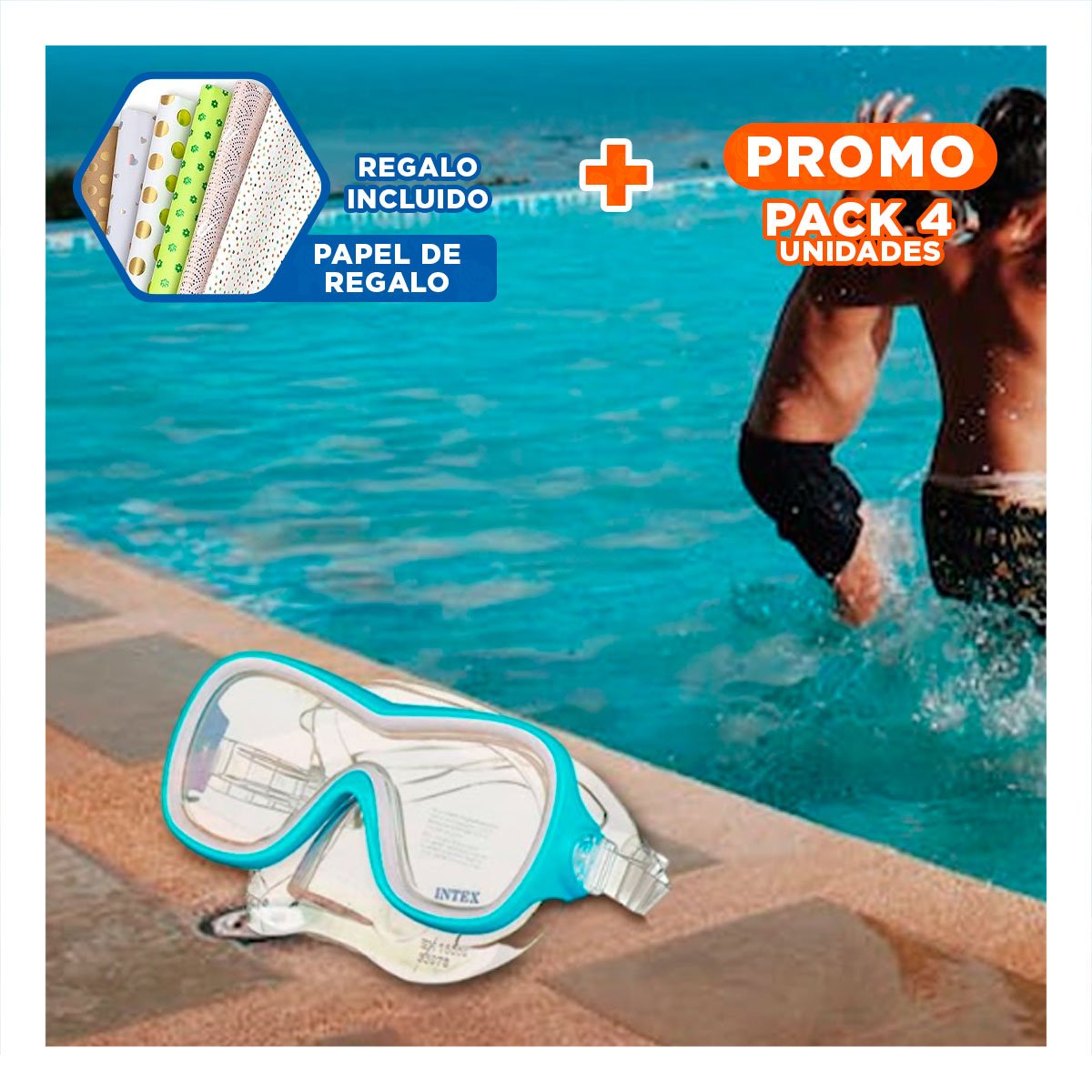 PACK4 LENTES DE BUCEO DEPORTIVO CELESTE CON CORREA AJUSTABLE Y VISION NITIDA Y+PAPEL REGALO - 1