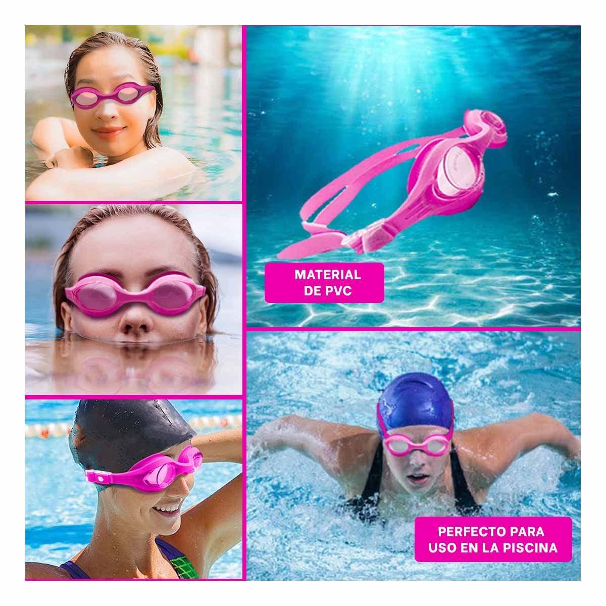 PACK2 PROTECTOR PARA NATACION ROSADO CON LENTE TRANSPARENTE Y MARCO COMODO Y+PAPEL REGALO - 3