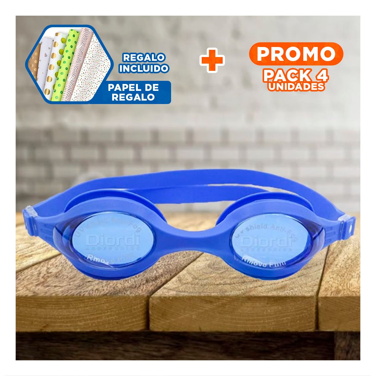 PACK4 PROTECTOR PARA NATACION AZUL CON LENTE TRANSPARENTE Y MARCO COMODO Y+PAPEL REGALO - 1