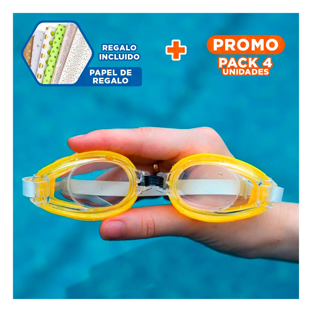 PACK4 ANTEOJOS DE NATACION AMARILLO COMODO Y USO PROLONGADO EN PISCINA Y+PAPEL REGALO - 1
