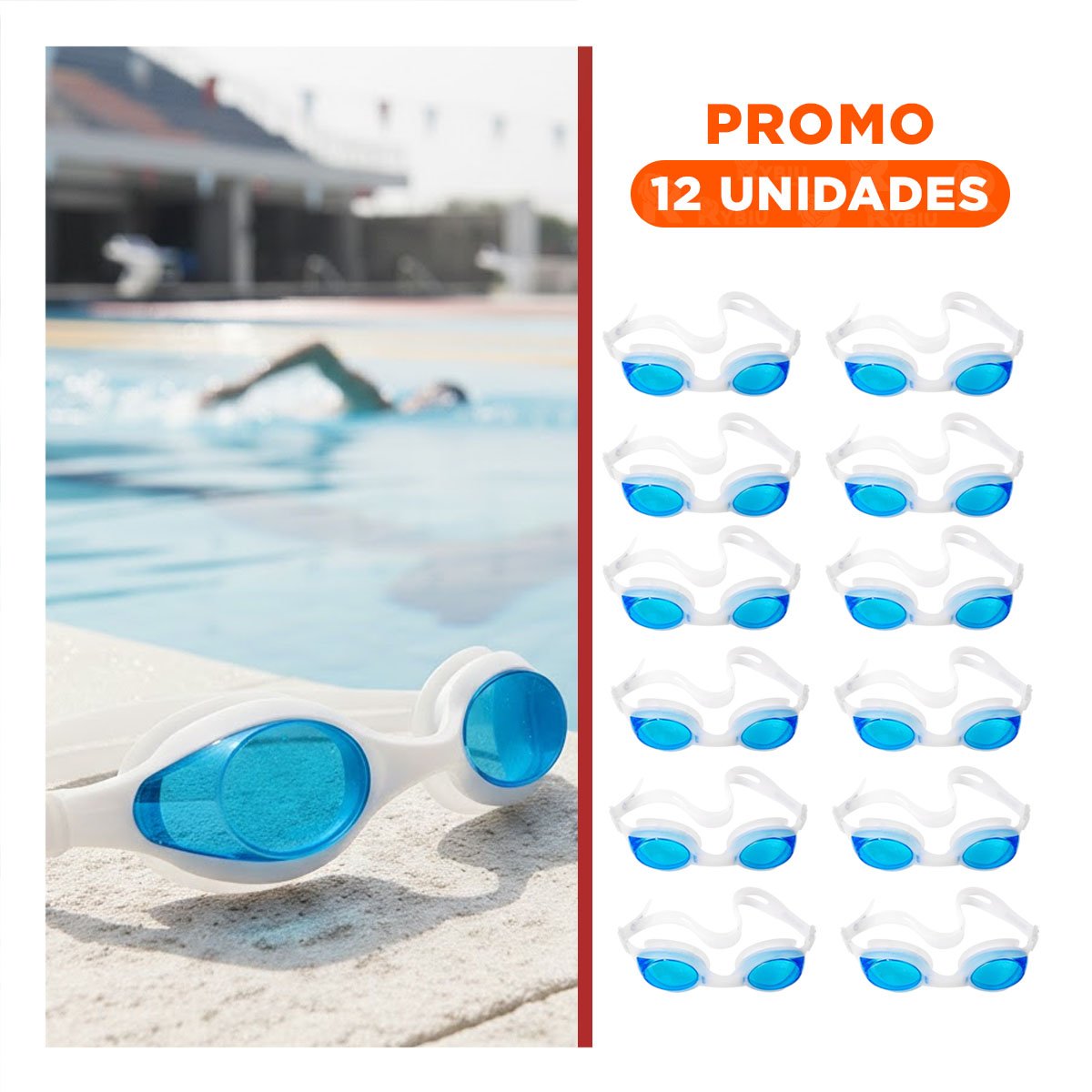 PACK12 GOGGLES DE NATACION UNISEX COLOR CELESTE CON ESTUCHE PARA ENTRENAMIENTO Y+REGALO STICKER - 1