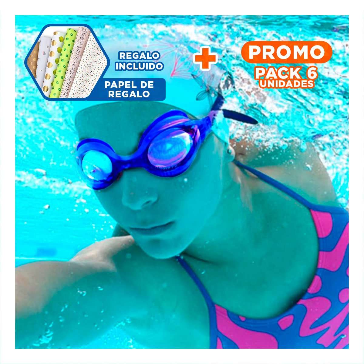 PACK6 PROTECTOR PARA NATACION AZUL CON LENTE AMPLIO Y MARCO COMODO Y+PAPEL REGALO - 1