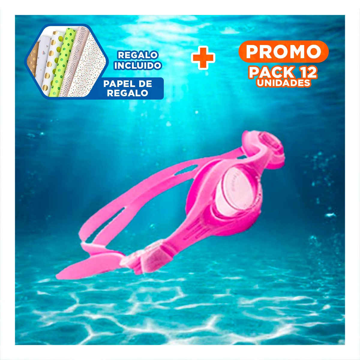 PACK12 GAFA PARA NATACION ROSADO CON CRISTAL CLARO Y LENTE AMPLIO Y+PAPEL REGALO - 1