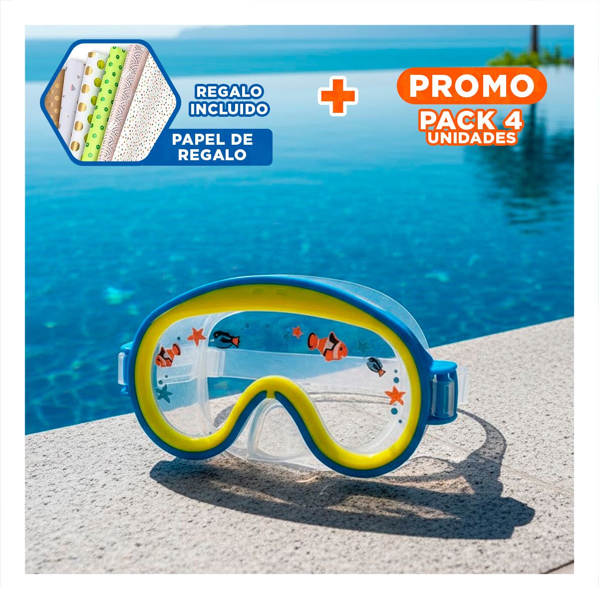 PACK4 LENTES DE BUCEO AJUSTABLE AVIADOR AZUL CON SELLADO FIRME Y USO DIARIO Y+PAPEL REGALO - 1