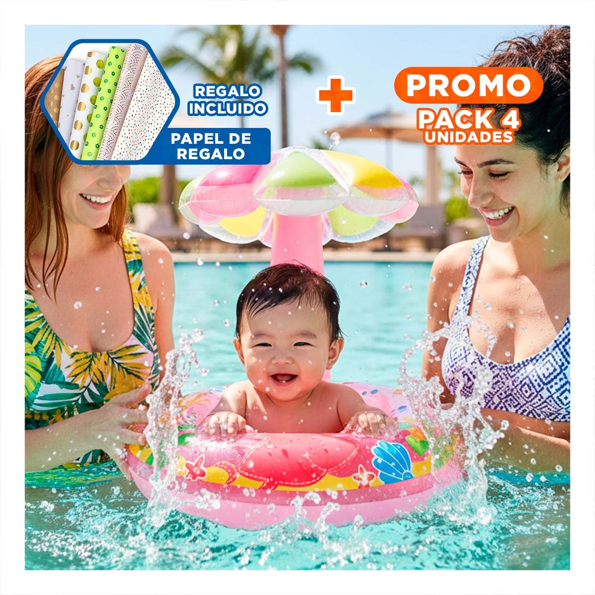 PACK4 FLOTANTE FLOR ROSADO COLORIDO Y LIGERO PARA PISCINA INFANTIL Y+PAPEL REGALO - 1