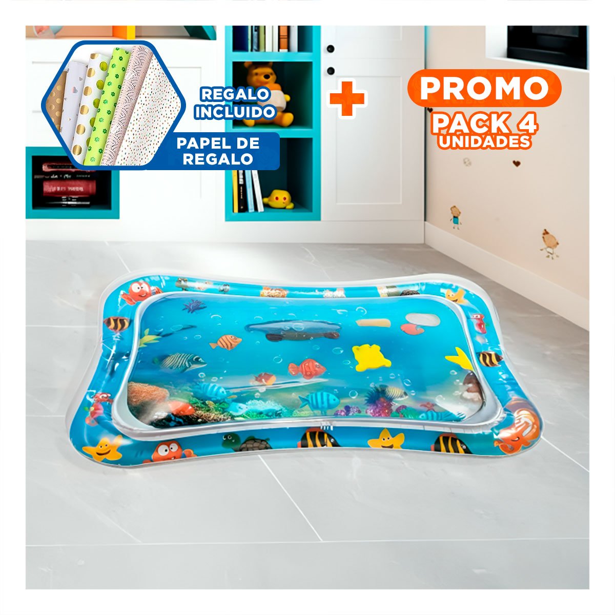 PACK4 PISCINA INFLABLE AZUL PARA NIÑOS Y JUEGOS EN AGUA CON SEGURIDAD Y+PAPEL REGALO - 1