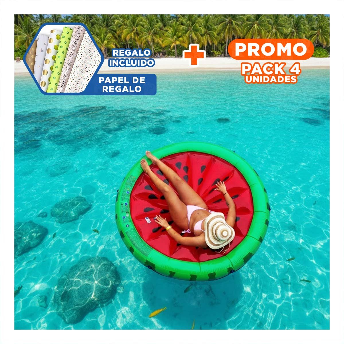 PACK4 JUGUETE INFLABLE SANDIA 183 X 23 CM PARA PISCINA Y+PAPEL REGALO - 1