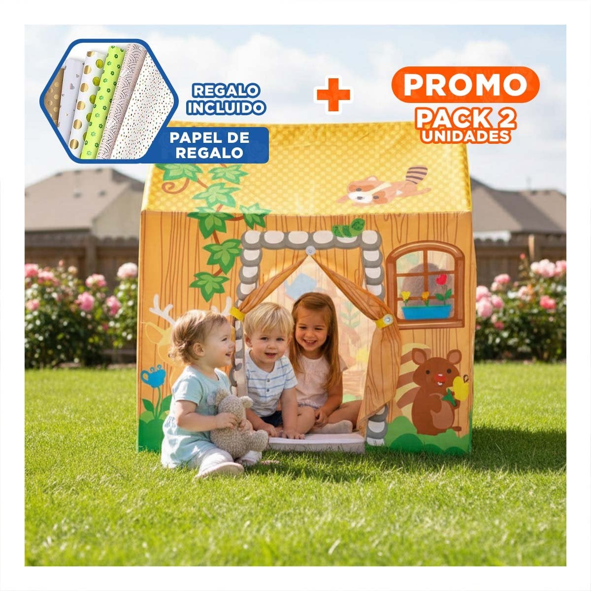 PACK2 CASA INFANTIL DE JUEGOS Y DIVERSION PARA NINOS 102 X 76 X 114CM Y+PAPEL REGALO - 1
