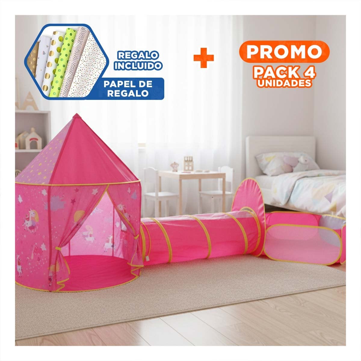 PACK4 TIENDA INFANTIL 3 PIEZAS CON JUEGOS Y TECHO PARA NIÑOS ROSADO Y+PAPEL REGALO - 1