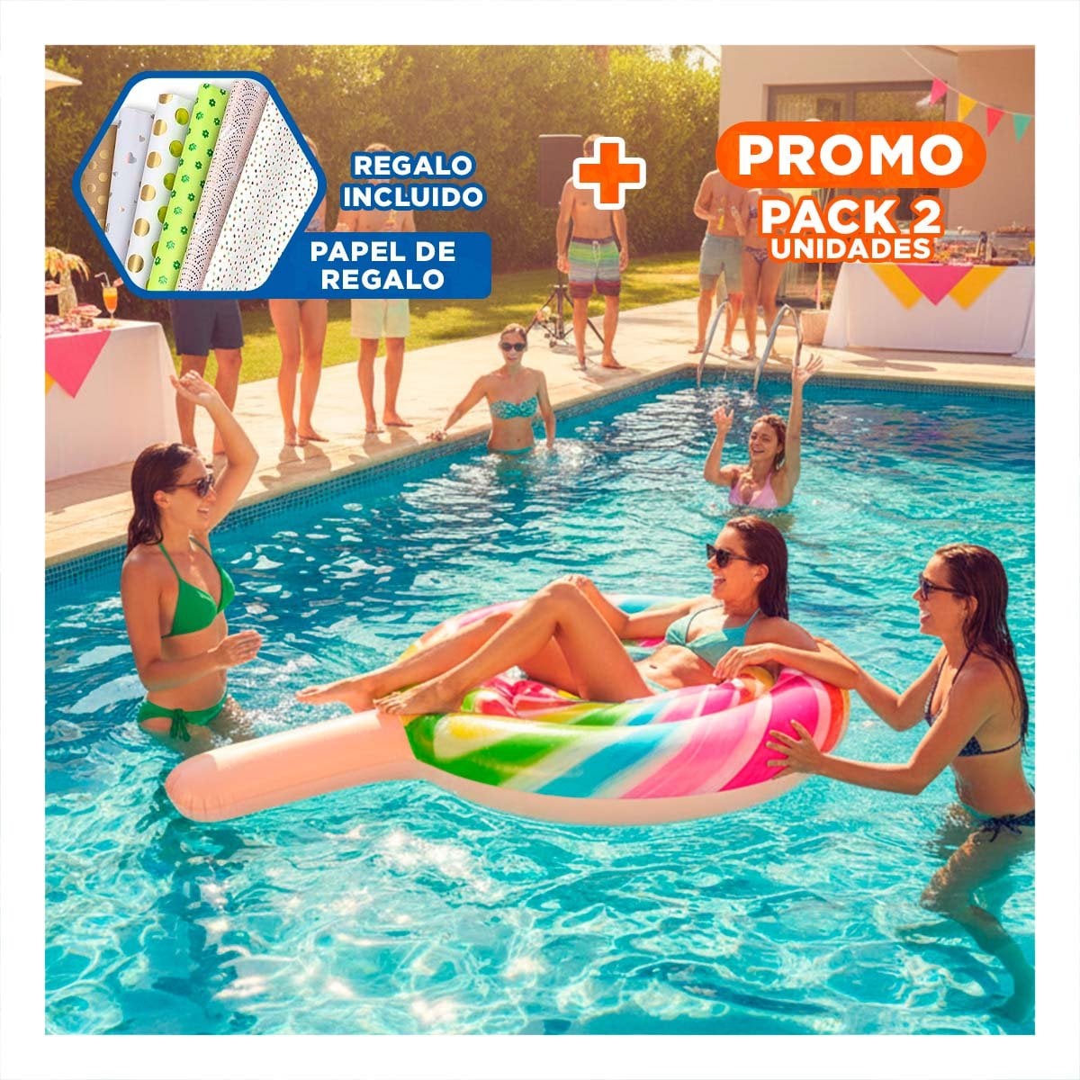PACK2 JUGUETE INFLABLE DIVERTIDO PALETA CARAMELO 208 X 135 CM PARA PISCINA Y+PAPEL REGALO - 1