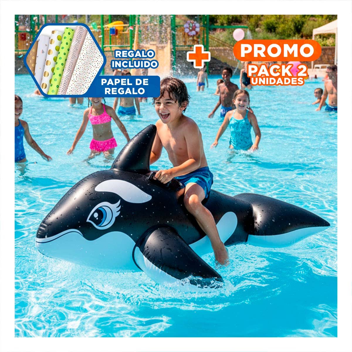 PACK2 JUGUETE ORCA 193 X 119 CM INFLABLE PARA PISCINA Y+PAPEL REGALO - 1