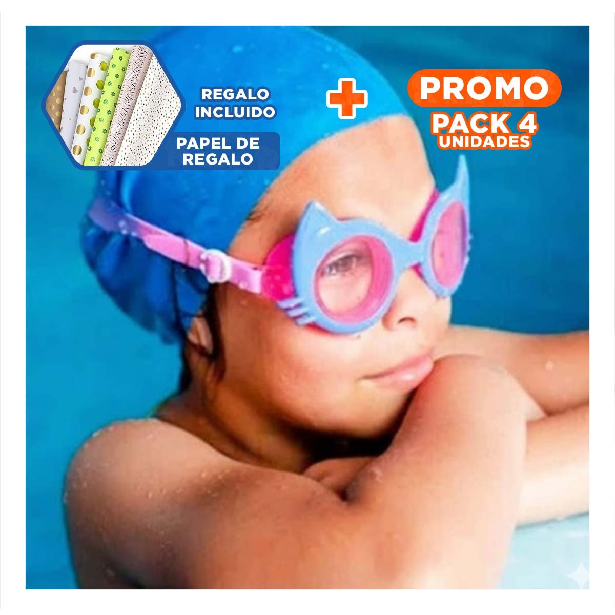 PACK4 CASCO DE NATACION CELESTE PARA ENTRENAMIENTO Y COMODIDAD Y+PAPEL REGALO - 1