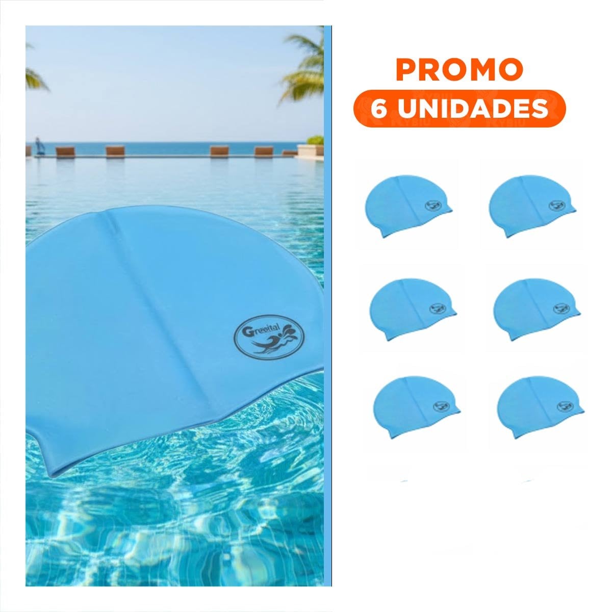PACK6 CASCO DE NATACION CELESTE PARA JUEGOS Y CABELLO SEGURO - 1