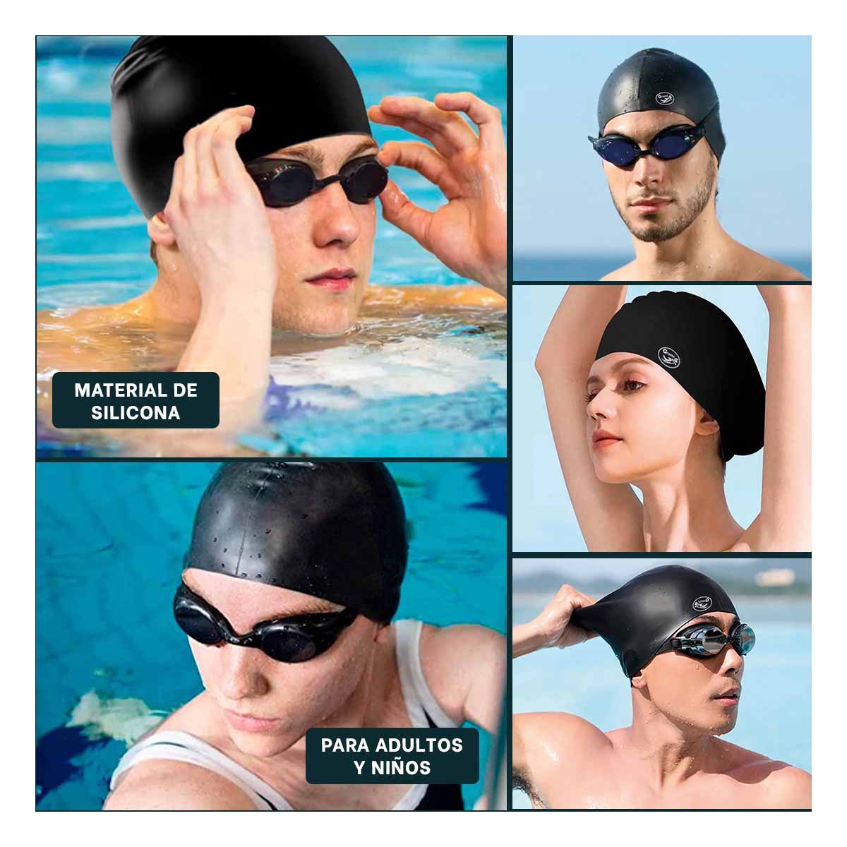 PACK4 CASCO DE NATACION NEGRO PARA CABELLO PROTEGIDO Y NADAR SEGURO Y+REGALO STICKER - 2
