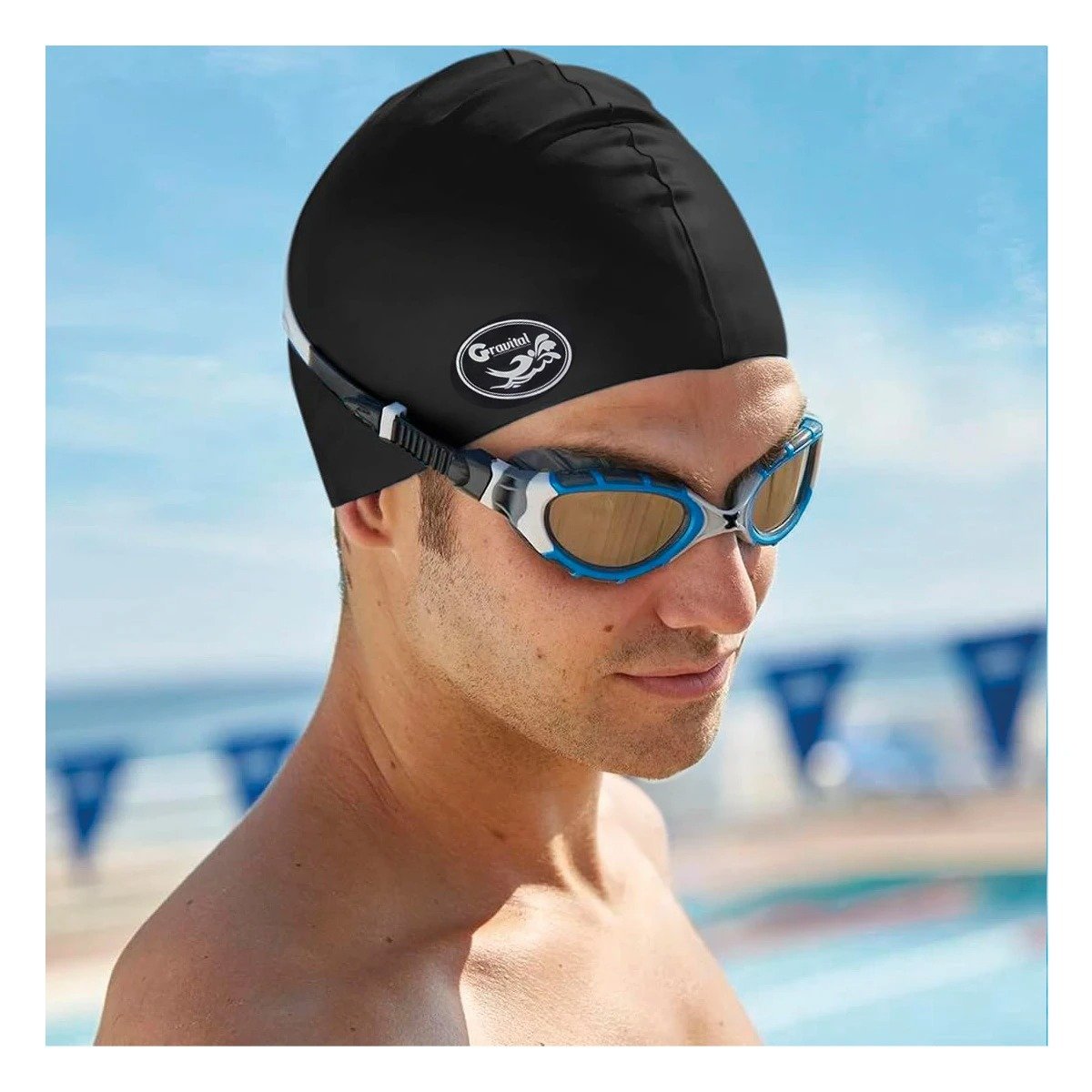 PACK4 CASCO DE NATACION NEGRO PARA CABELLO PROTEGIDO Y NADAR SEGURO Y+REGALO STICKER - 5