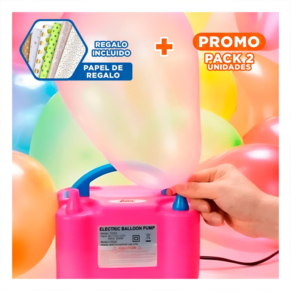 PACK2 BOMBA PORTATIL FUCSIA Y RAPIDA PARA DECORACION Y JUEGOS Y+PAPEL REGALO - 1