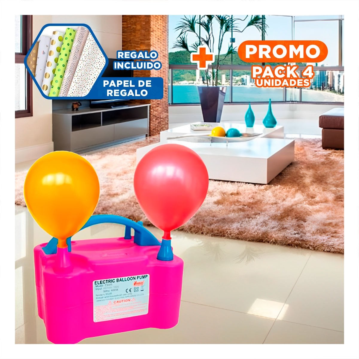 PACK4 BOMBA PORTATIL FUCSIA Y SEGURA PARA DECORACION Y NIÑOS Y+PAPEL REGALO - 1