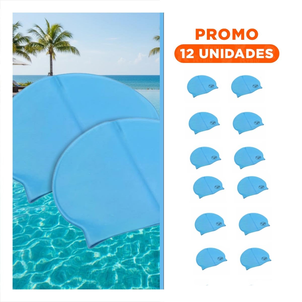 PACK12 GORRO DE NATACION CELESTE PARA PISCINA Y CABELLO SECO Y+REGALO STICKER - 1