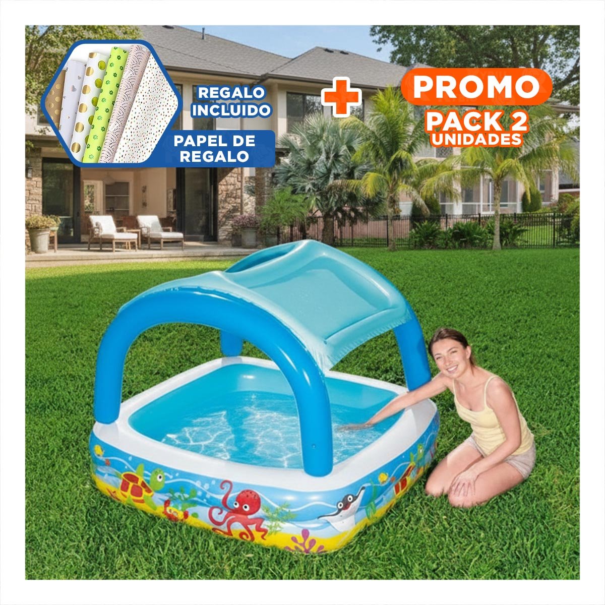 PACK2 ZONA DE AGUA CANOPY 147 X 147 X 122 CM CON SOMBRA SUPERIOR PARA VERANO Y+PAPEL REGALO - 1