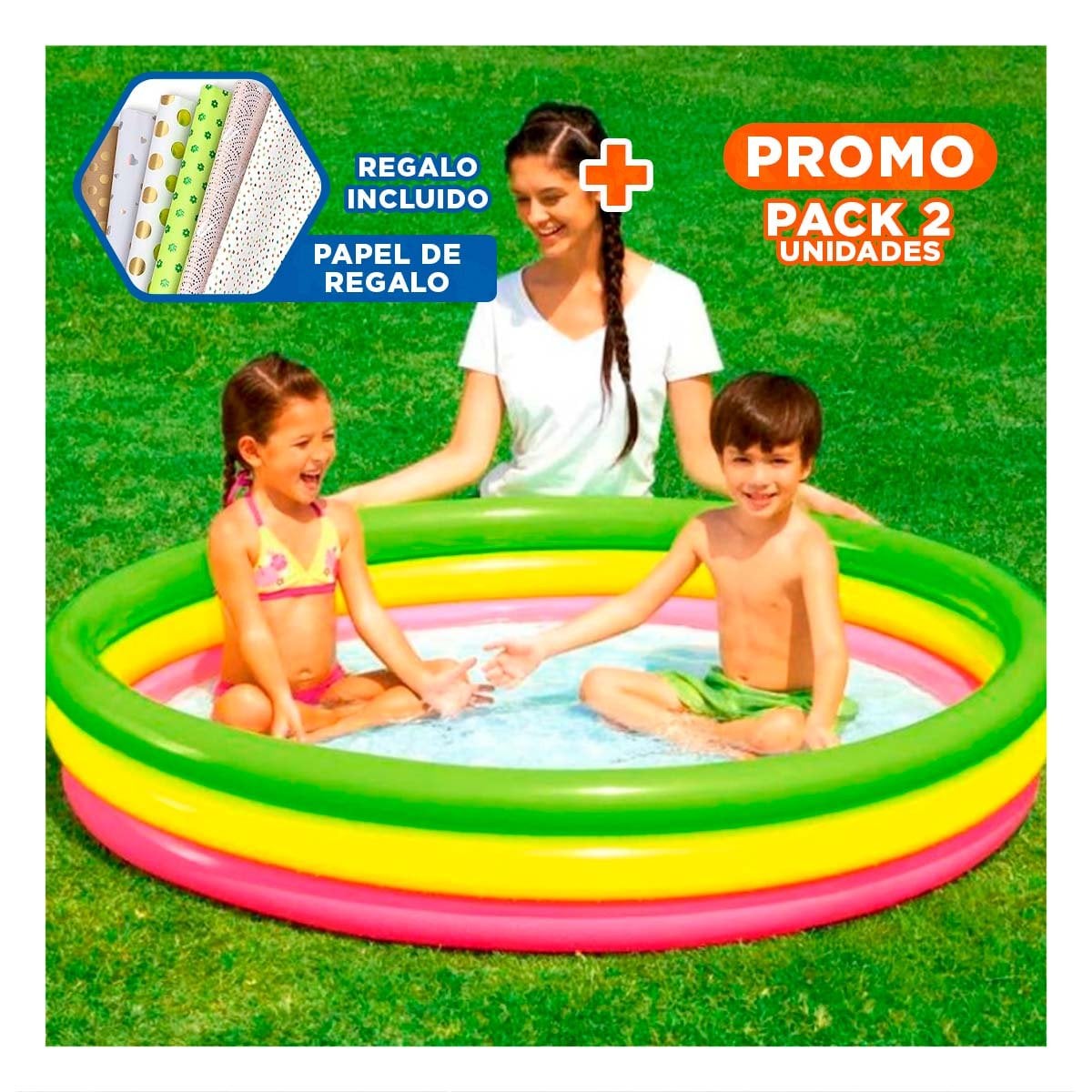 PACK2 ESPACIO ACUATICO FAMILIAR ARCOIRIS 1.52 X 30 CM PARA DIVERSION EN FAMILIA Y+PAPEL REGALO - 1