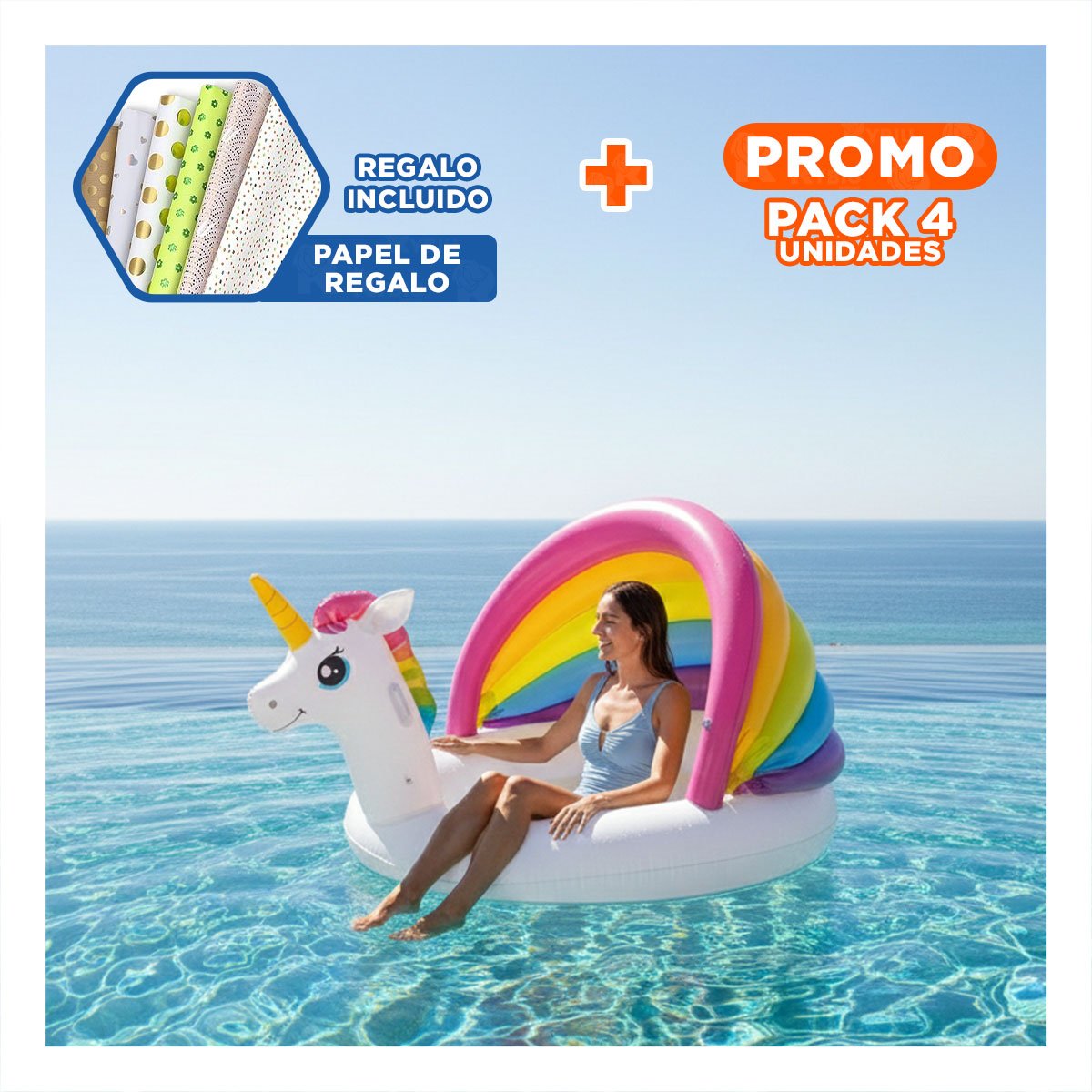 PACK4 CENTRO DE AGUA BEBE UNICORNIO 1,27 X 1,02 X 69 CM INFLABLE PARA USO DIARIO Y+PAPEL REGALO - 1