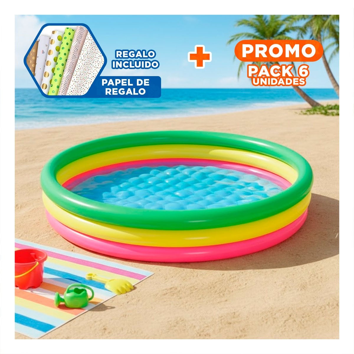 PACK6 PILETA DE AGUA FAMILIAR ARCOIRIS 1.52 X 30 CM PARA USO DIARIO Y+PAPEL REGALO - 1