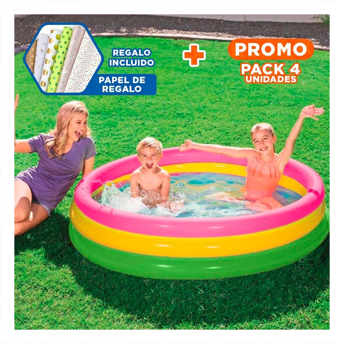 PACK4 JUEGO ACUATICO ARCOIRIS INFLABLE INFANTIL 147 X 33 CM PARA PATIO Y+PAPEL REGALO - 1