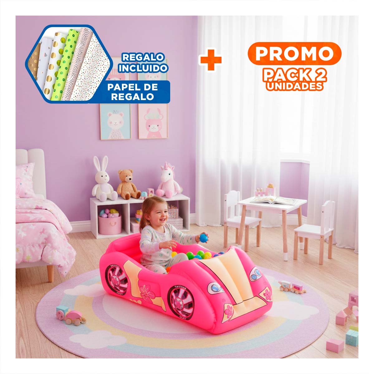 PACK2 PILETA DE BOLAS 119X79X51 CM HINCHABLE INFANTIL COCHE DE CARRERA CASA Y+PAPEL REGALO - 1