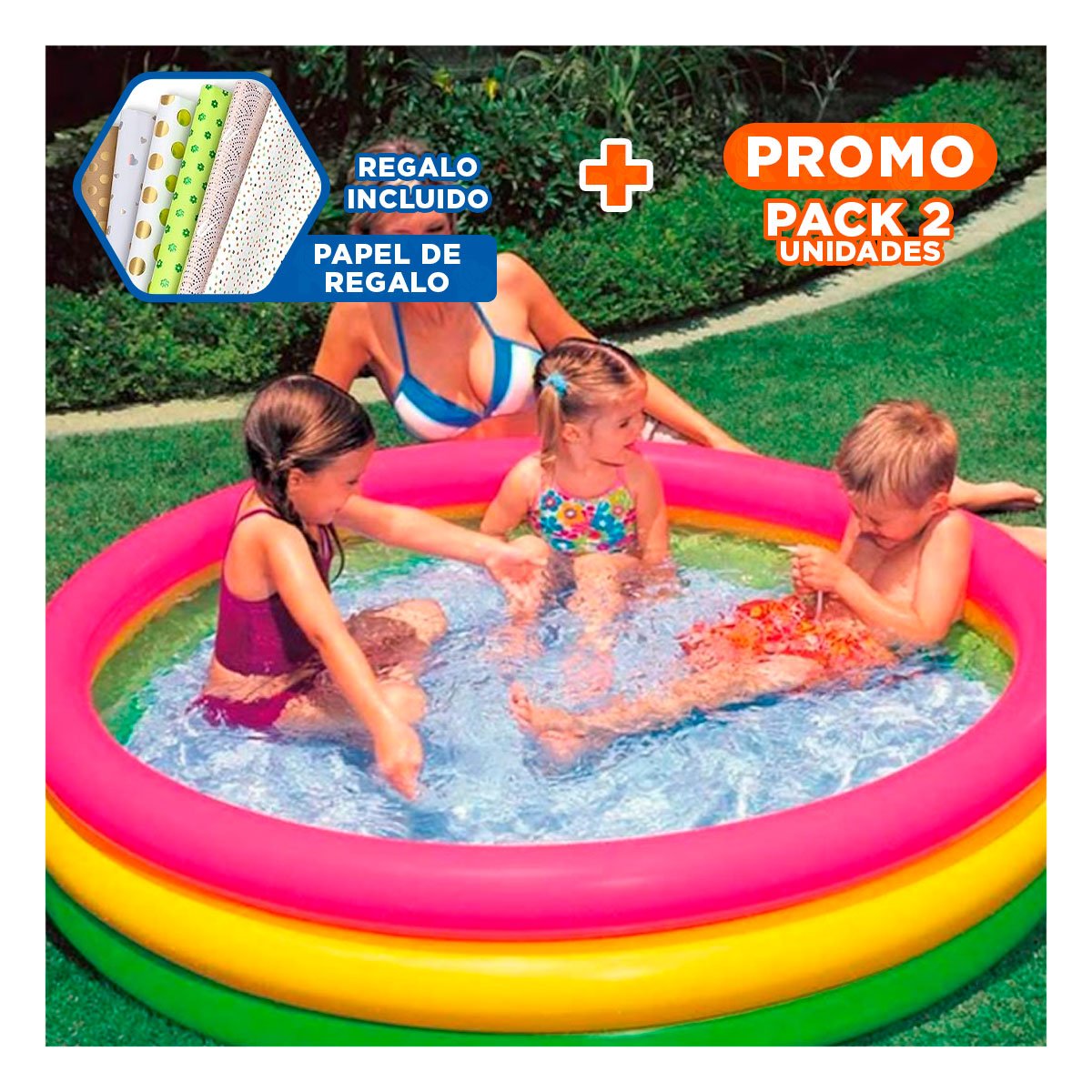 PACK2 CENTRO ACUATICO INFANTIL ARCOIRIS INFLABLE 114 X 25 CM PARA HOGAR Y+PAPEL REGALO - 1