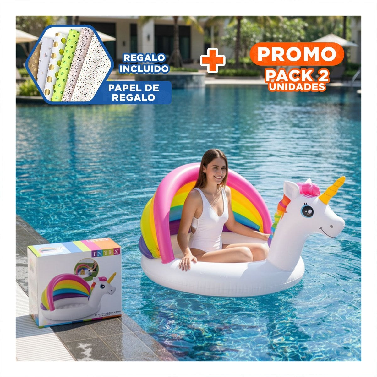 PACK2 ZONA DE AGUA BEBE UNICORNIO 1,27 X 1,02 X 69 CM INFLABLE PARA USO DIARIO Y+PAPEL REGALO - 1