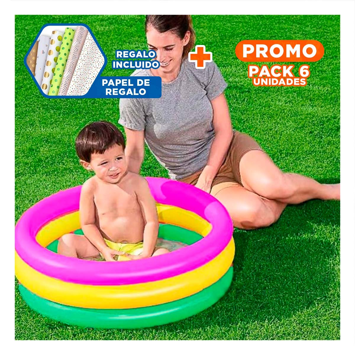 PACK6 CENTRO DE JUEGOS ARCOIRIS INFLABLE INFANTIL 86 X 25 CM PARA VERANO Y+PAPEL REGALO - 1