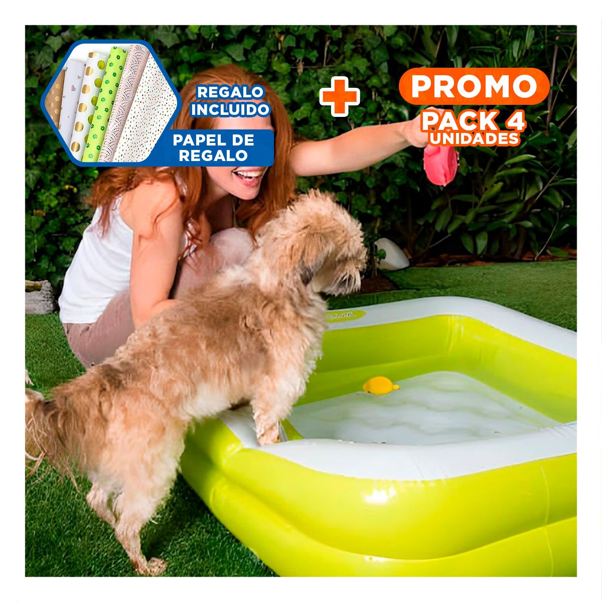 PACK4 PISCINETA INFLABLE ACOLCHADA 85X85X23CM VERDE PARA DIVERSION INFANTIL Y+PAPEL REGALO - 1
