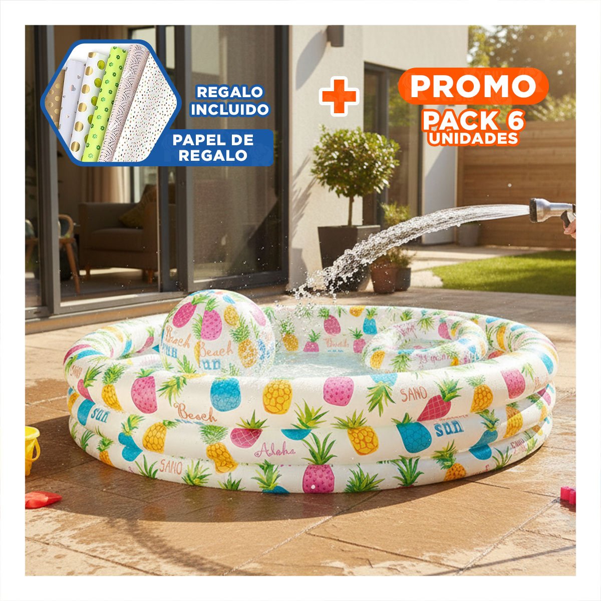 PACK6 PILETA INFLABLE PARA CASA TROPICAL DECORATIVO Y JUEGO REFRESCANTE Y+PAPEL REGALO - 1