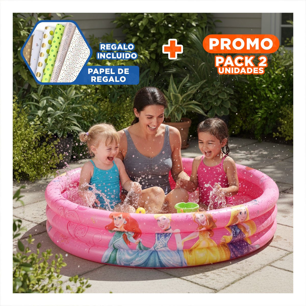 PACK2 PISCINITA PRINCESA INFLABLE PARA CASA Y PATIO CON AGUA Y USO HOGAR Y+PAPEL REGALO - 1