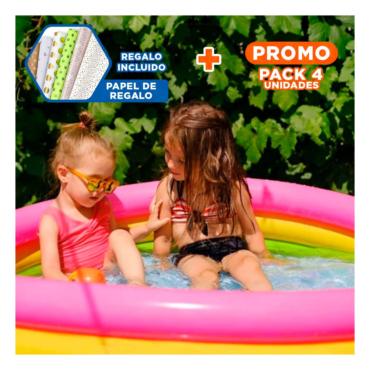 PACK4 JUEGO ACUATICO ARCOIRIS INFLABLE INFANTIL 114 X 25 CM PARA PATIO Y+PAPEL REGALO - 1