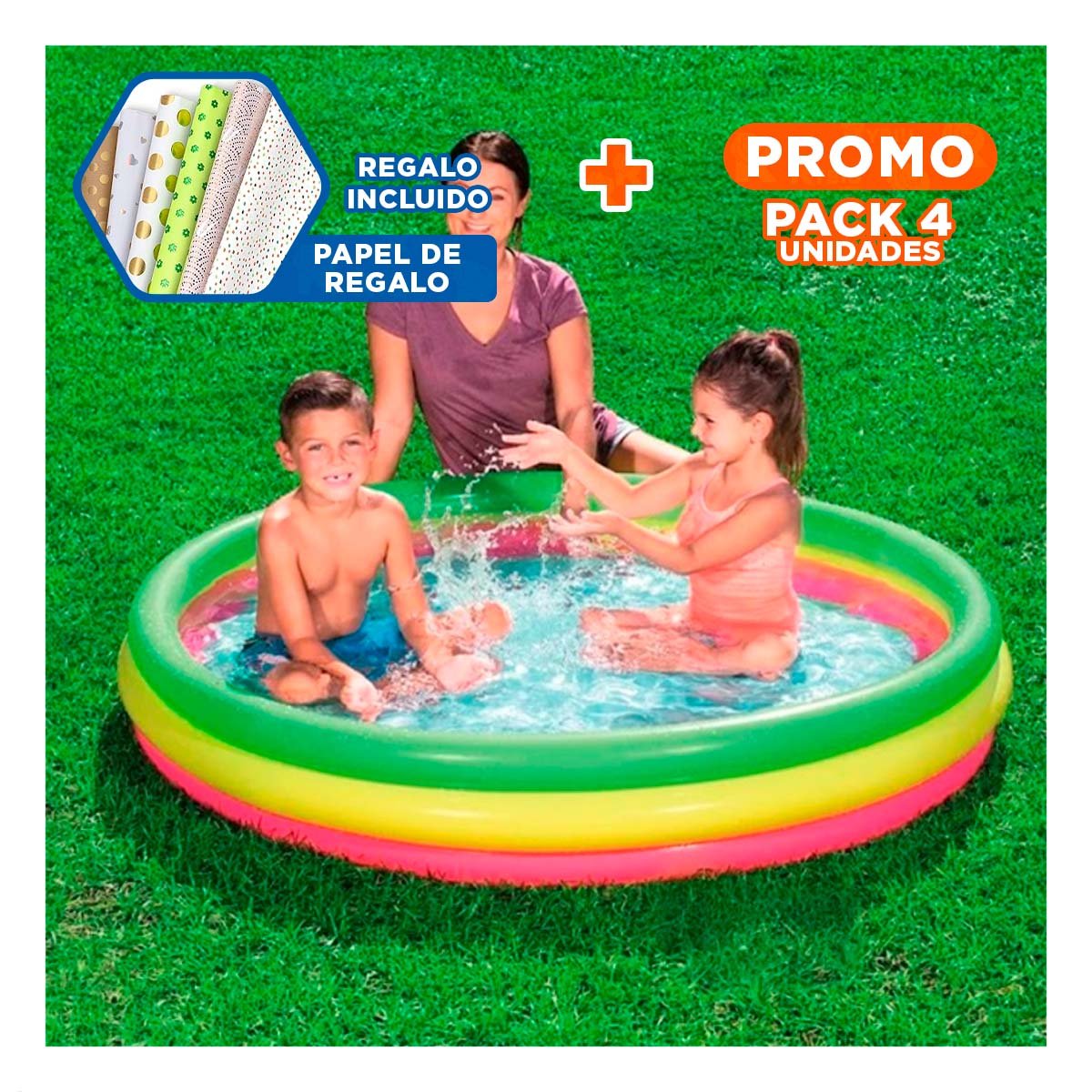 PACK4 PISCINA REDONDA FAMILIAR ARCOIRIS 1.52 X 30 CM PARA VERANO REFRESCANTE Y+PAPEL REGALO - 1