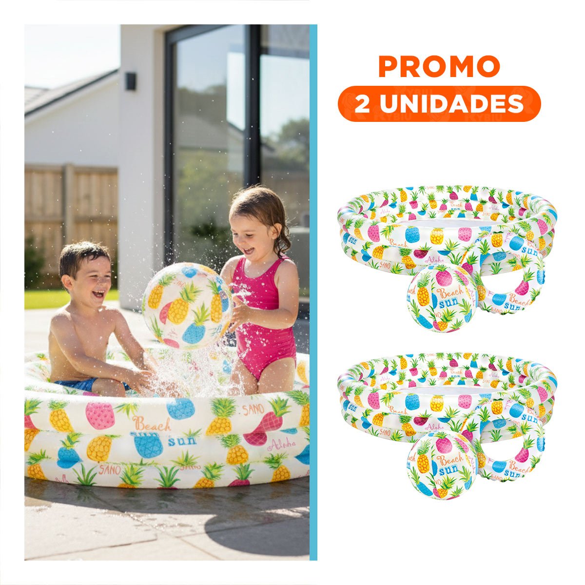PACK2 PISCINA INFLABLE COLORIDA PARA HOGAR CON DECORACION TROPICAL Y PELOTA DE JUEGO - 1