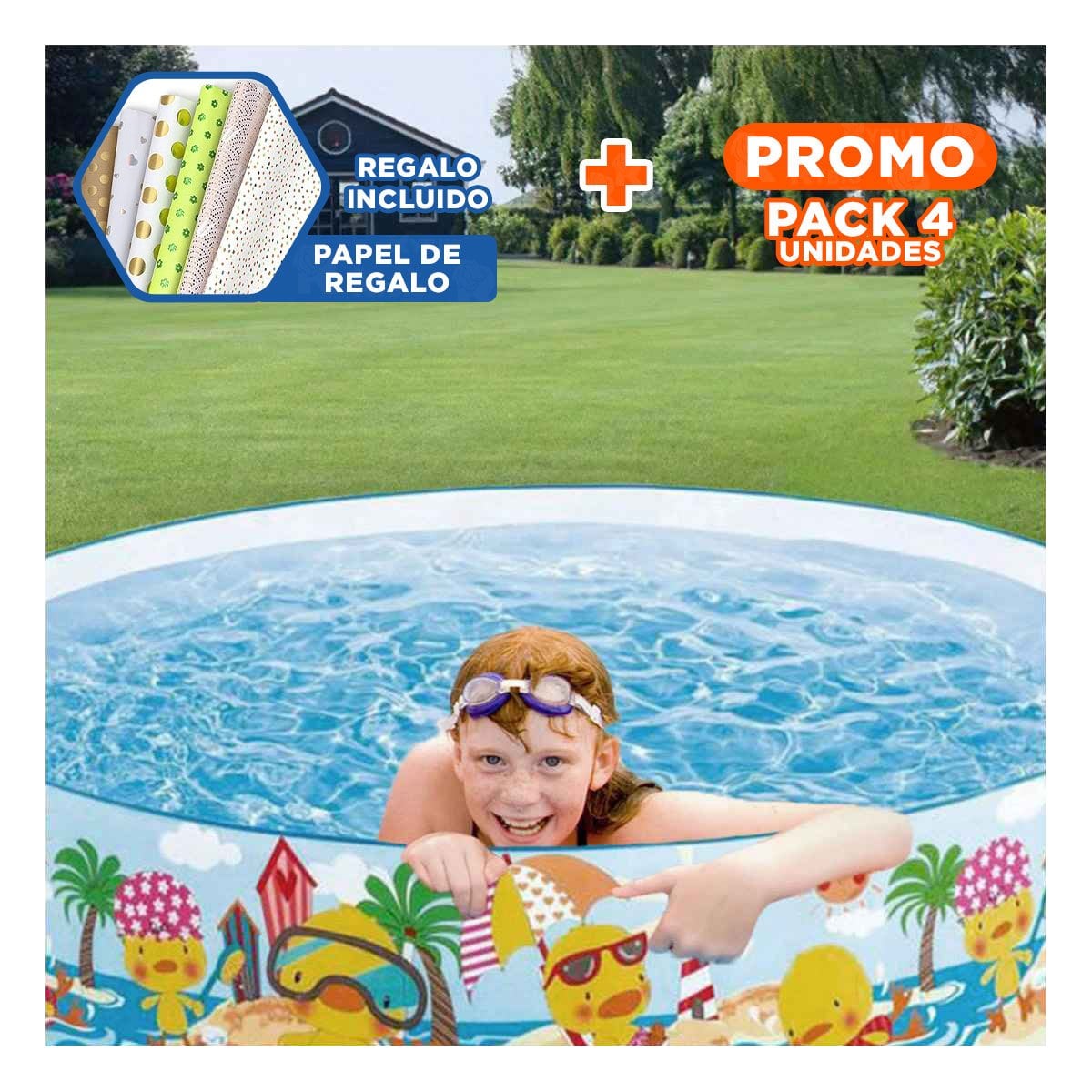 PACK4 SOLUCION INFLABLE PARA CASA Y JARDIN CON DISENO TROPICAL Y+PAPEL REGALO - 1