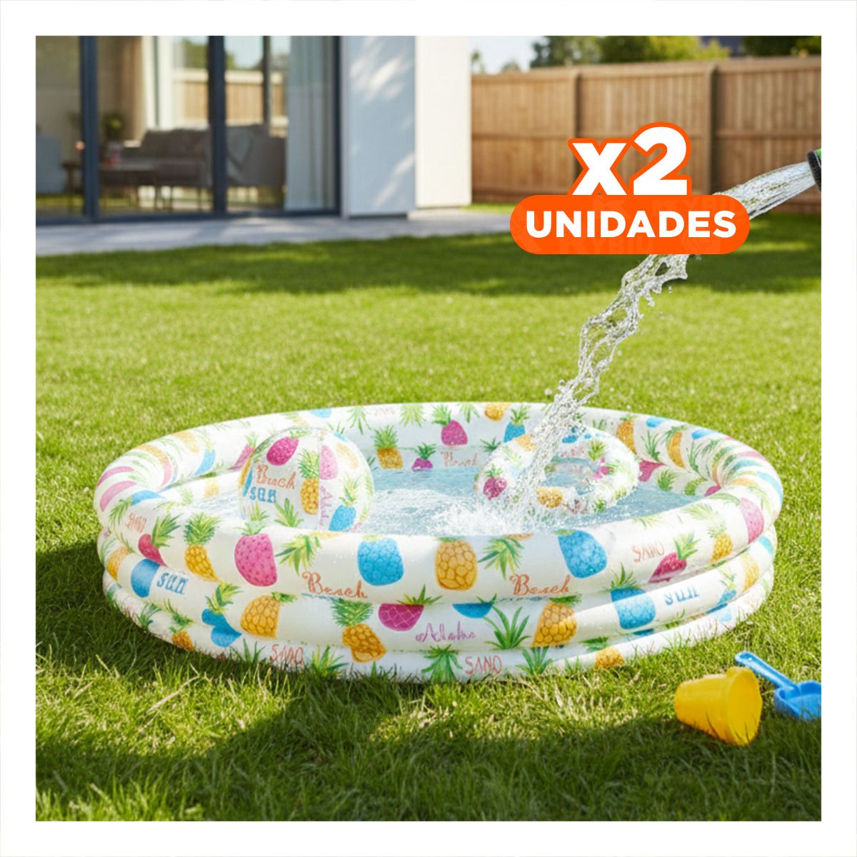 PACK2 PILETA INFLABLE COLORIDA CON DECORACION TROPICAL Y PELOTA DE JUEGO Y+REGALO STICKER - 1