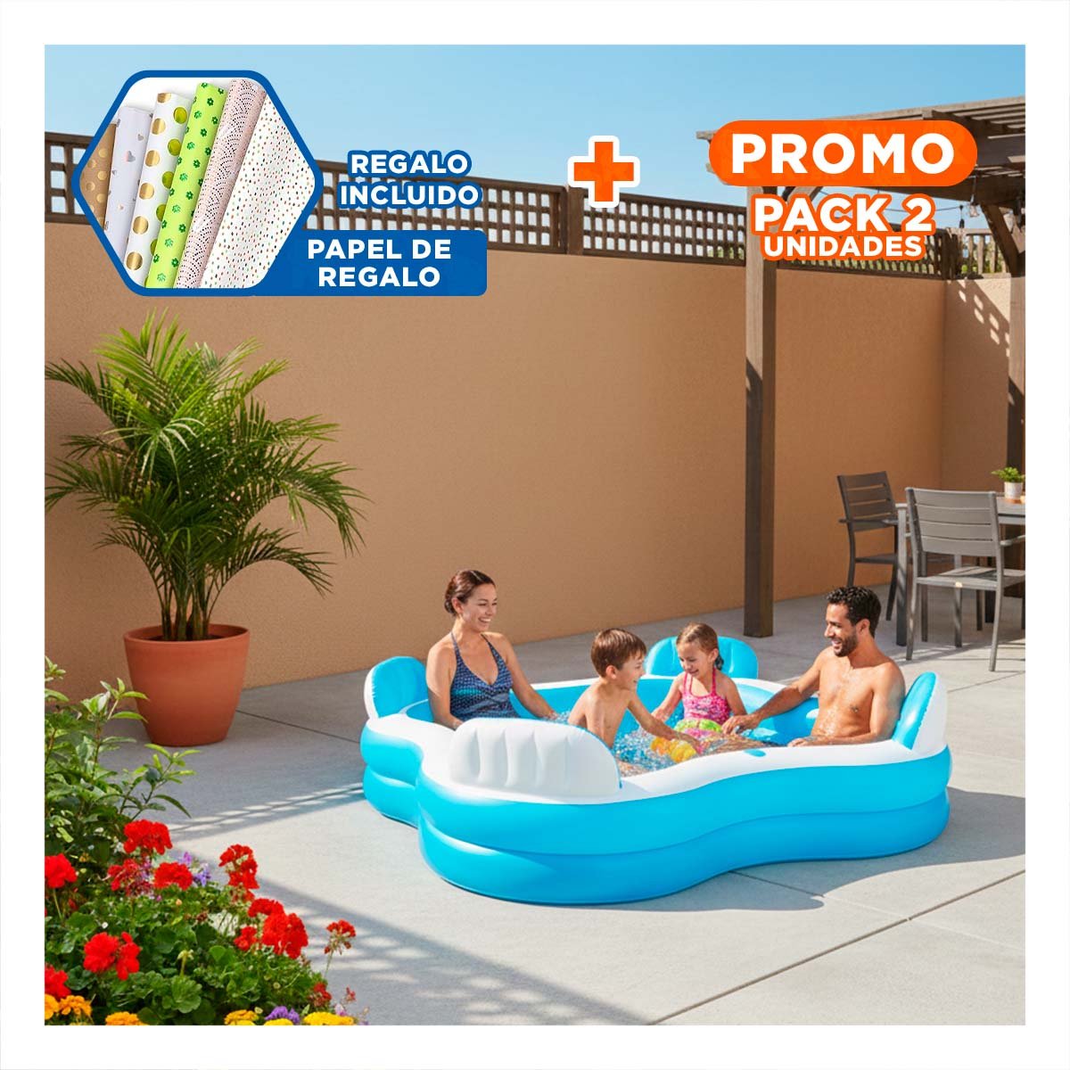 PACK2 PILETA CON ASIENTOS 229 X 299 X 66 CM PARA JARDIN Y+PAPEL REGALO - 1