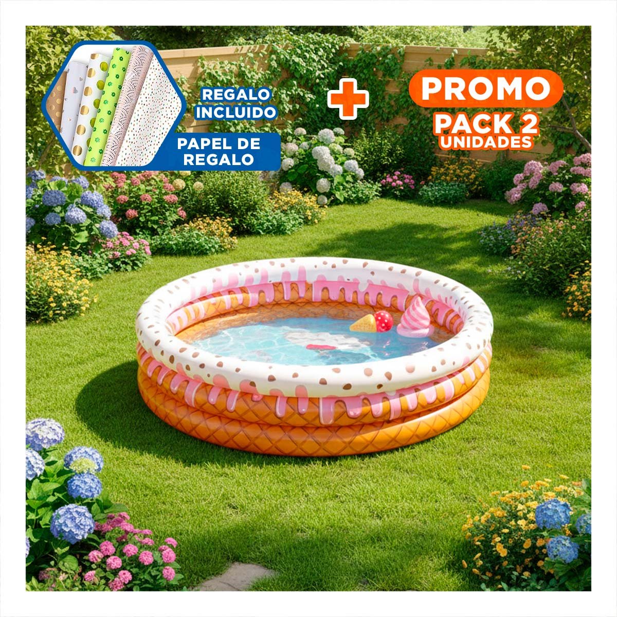 PACK2 INFLABLE DECORATIVO CON IMAGEN HELADO PARA PATIO Y JARDIN DEL HOGAR Y+PAPEL REGALO - 1