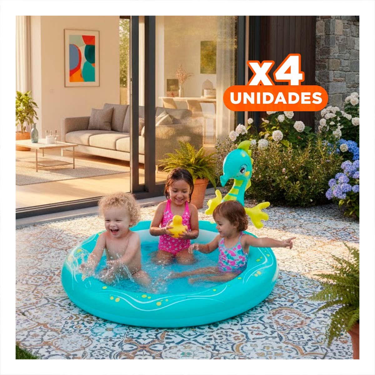PACK4 PILETA INFLABLE CABALLITO DE MAR PARA CASA Y PATIO CON DISENO MARINO - 1