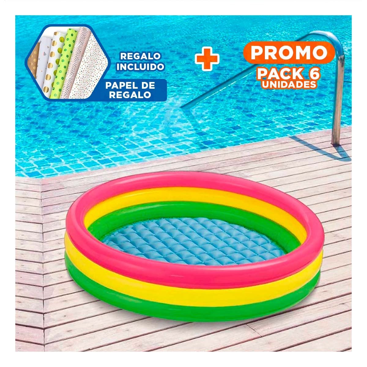 PACK6 ZONA DE JUEGOS ARCOIRIS INFLABLE INFANTIL 114 X 25 CM PARA VERANO Y+PAPEL REGALO - 1