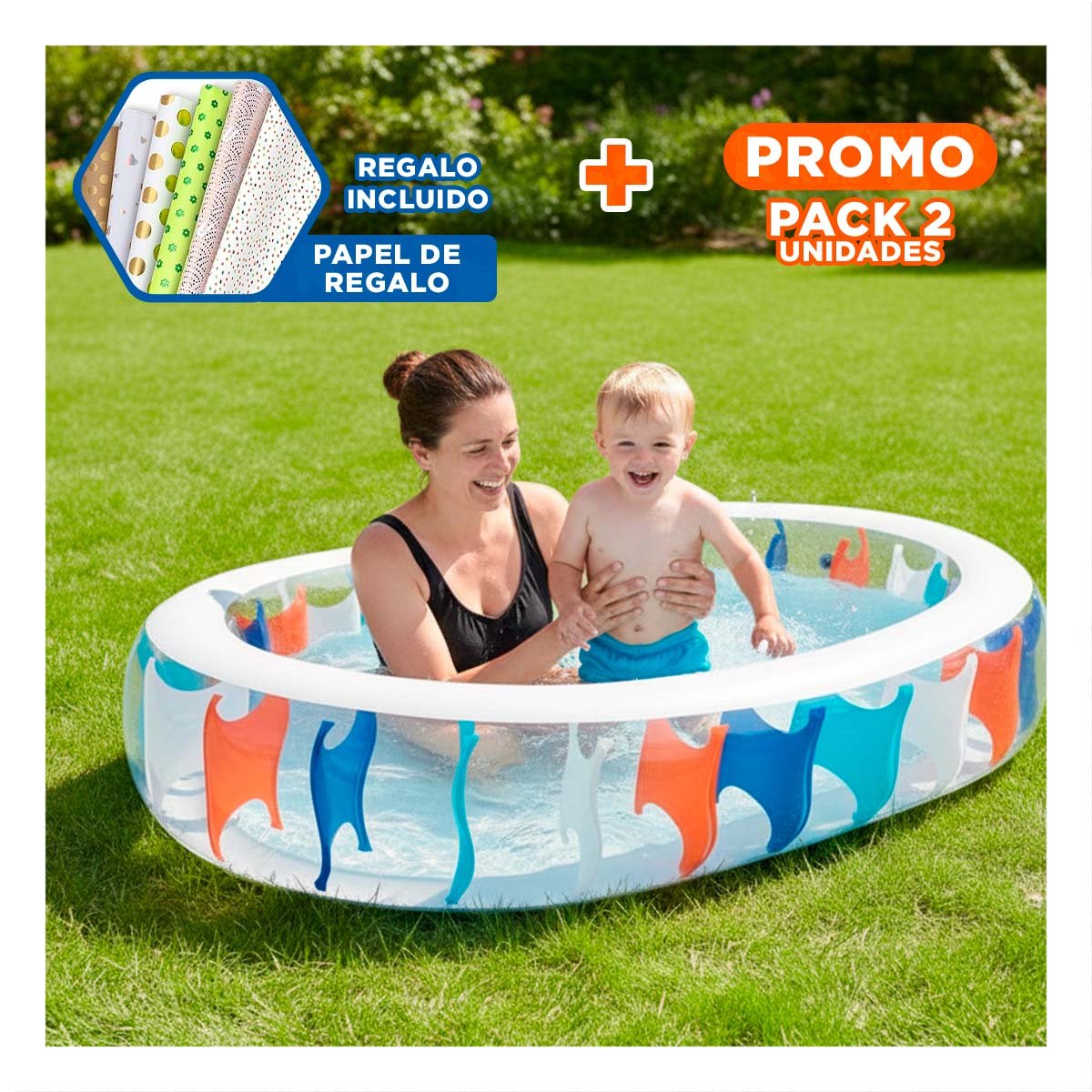 PACK2 PILETA RECREATIVA ELIPTICA INFLABLE PARA HOGAR Y USO FAMILIAR Y+PAPEL REGALO - 1