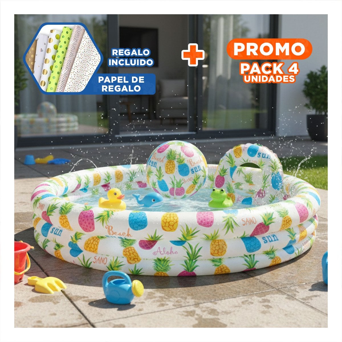PACK4 ESTANQUE INFLABLE TROPICAL CON ESTILO FESTIVO Y PELOTA RECREATIVA Y+PAPEL REGALO - 1