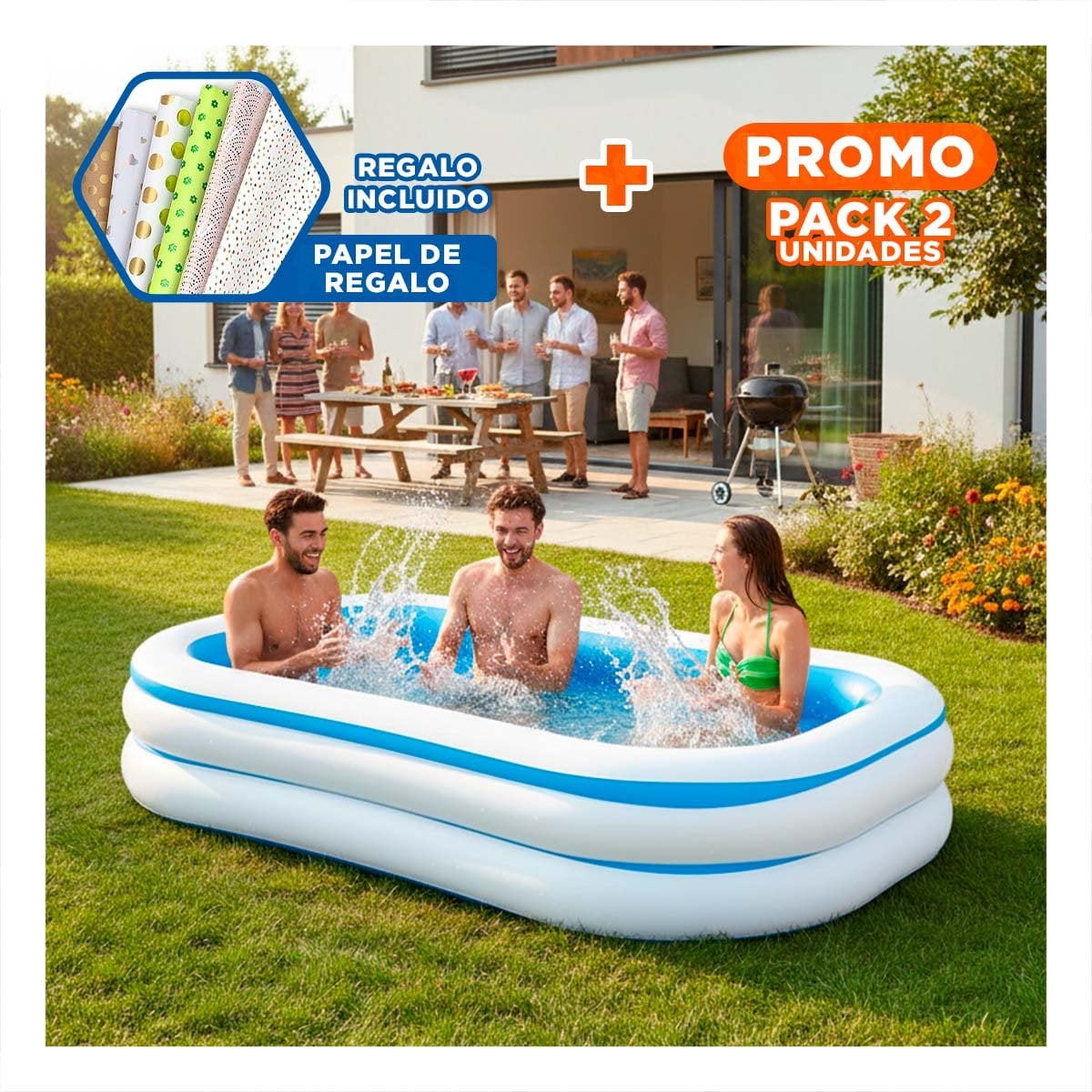 PACK2 TINA INFLABLE AMPLIA PARA PATIO Y HOGAR CON DISENO SEGURO Y FAMILIAR Y+PAPEL REGALO - 1