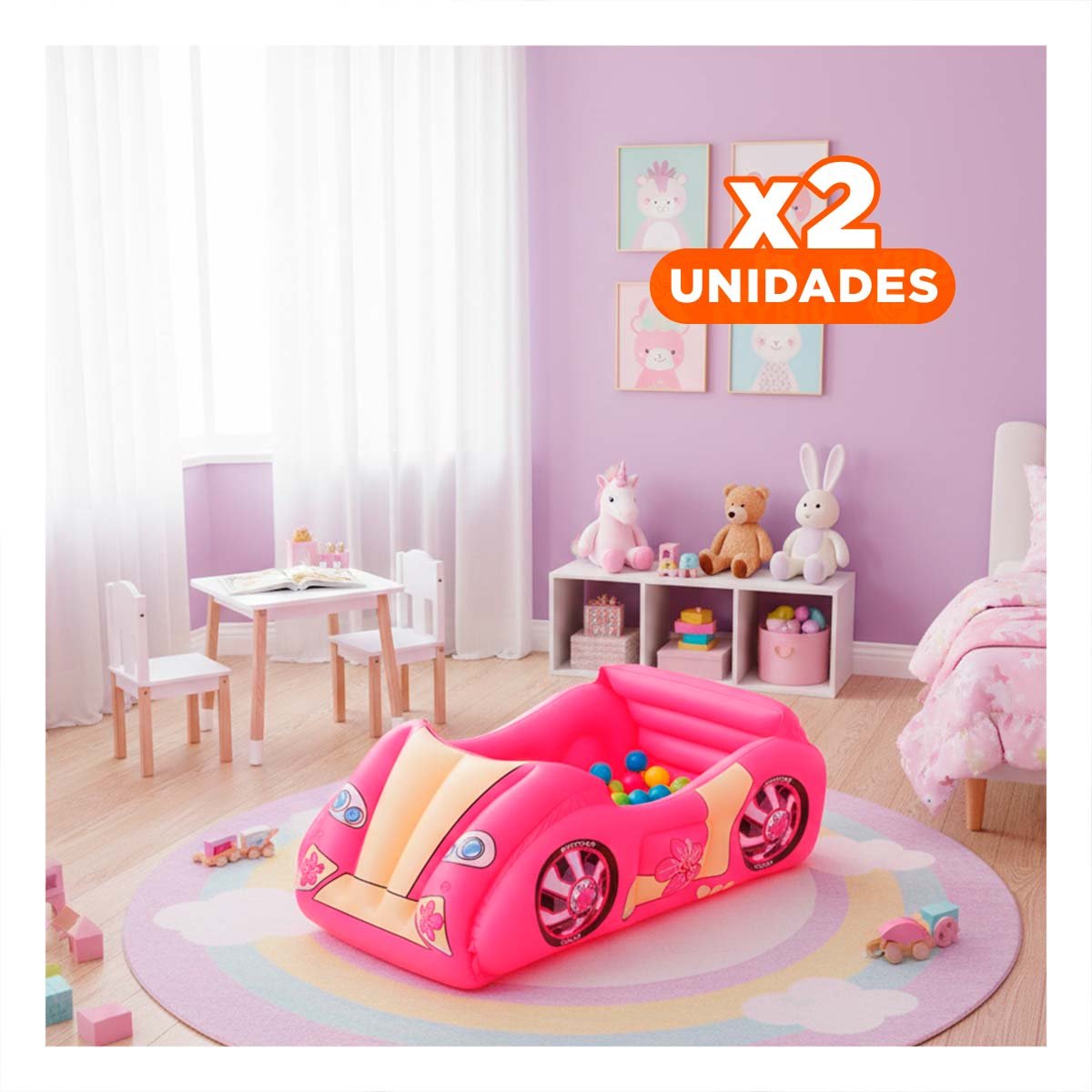 PACK2 CENTRO DE BOLAS 119X79X51 CM HINCHABLE INFANTIL COCHE DE CARRERA Y+REGALO STICKER - 1