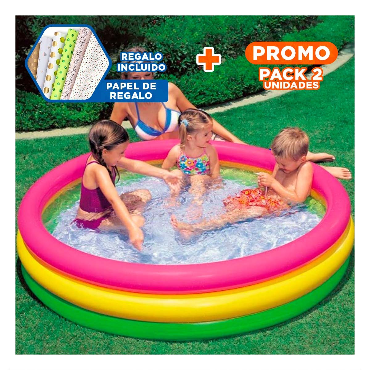 PACK2 CENTRO ACUATICO INFANTIL ARCOIRIS INFLABLE 147 X 33 CM PARA HOGAR Y+PAPEL REGALO - 1