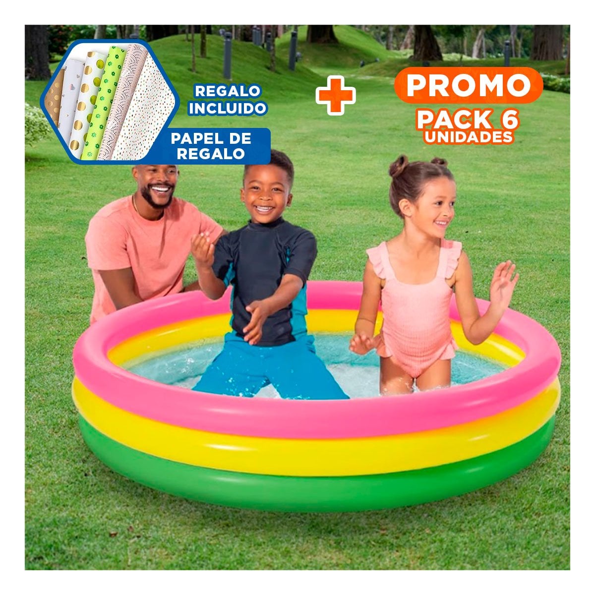 PACK6 ZONA DE JUEGOS ARCOIRIS INFLABLE INFANTIL 147 X 33 CM PARA VERANO Y+PAPEL REGALO - 1