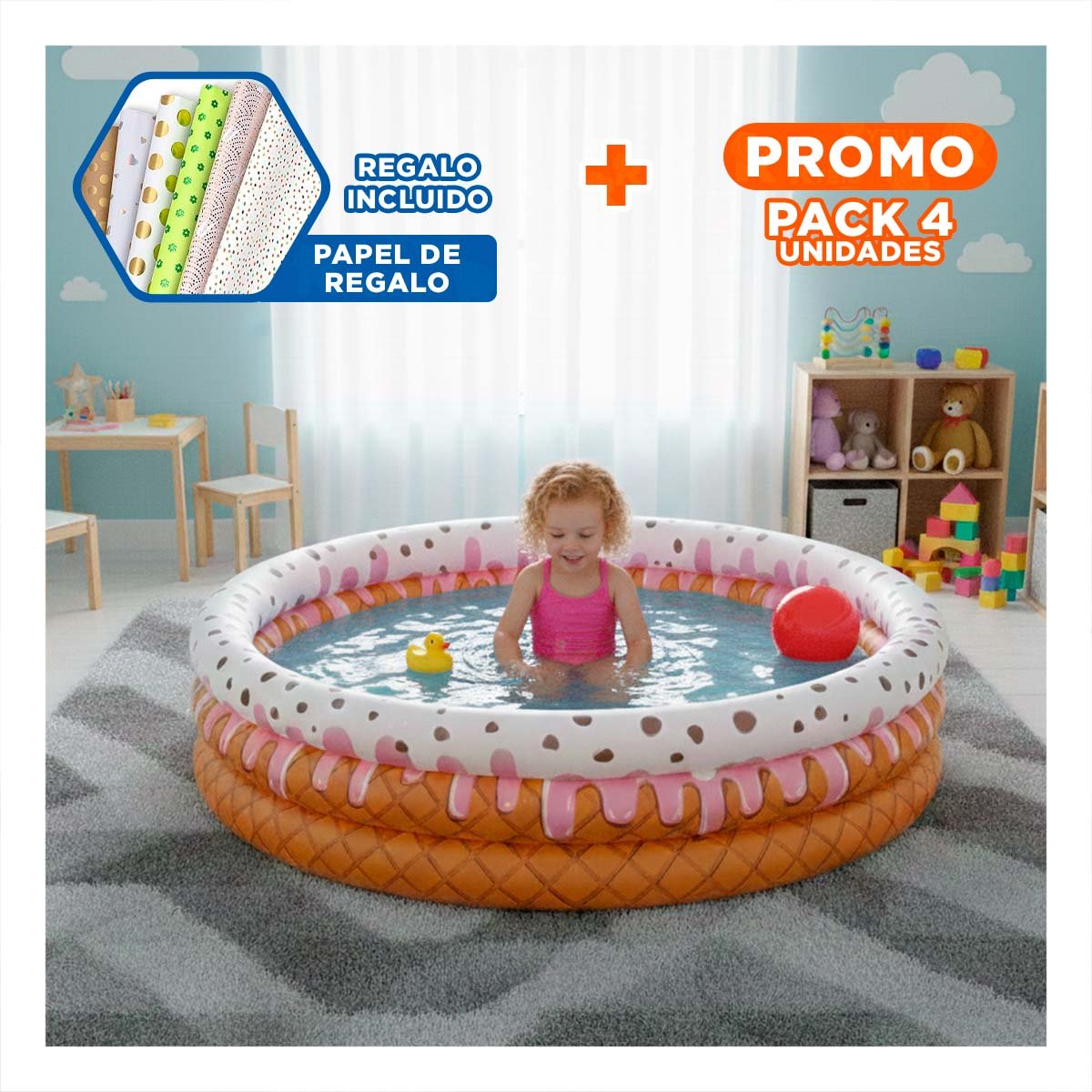 PACK4 RECREATIVA INFLABLE DECORATIVA ESTILO HELADO PARA EXTERIOR Y HOGAR Y+PAPEL REGALO - 1